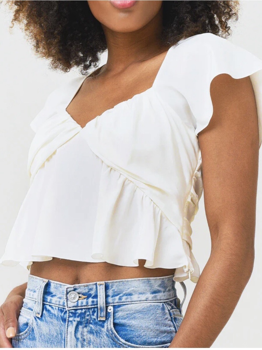 Frame Ivory Ruffle Flutter Sleeve V Neck Blouse - Picture 3 of 8